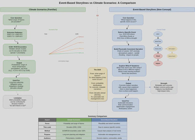 Event-based storylines versus climate scenarios